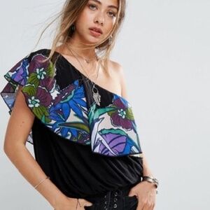 Free People Ruffle One Shoulder Floral Bubble Top